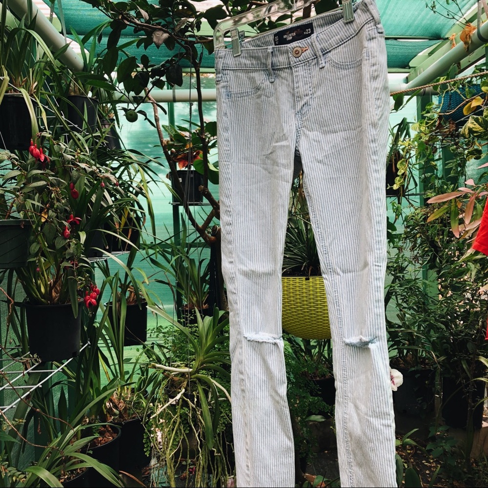 Blue Pinstripe Ripped Skinny Jeans